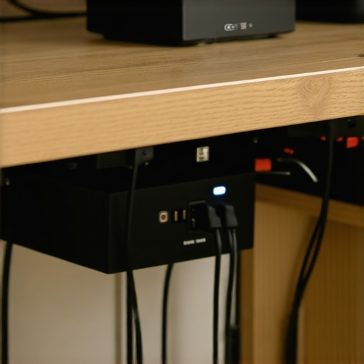 A pro-grade UPS unit powering a home office setup to prevent smart device reboots.