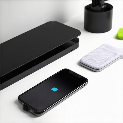 Essential tech maintenance and charging setup A collection of tools for maintaining home office electronics and a charging station.