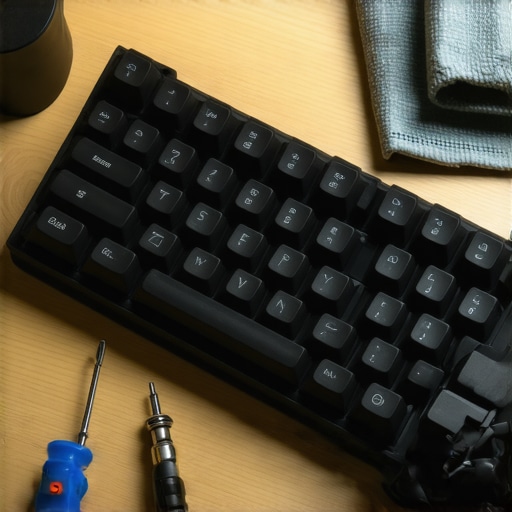 Close up of a person cleaning a mechanical keyboard with precision tools on a desk