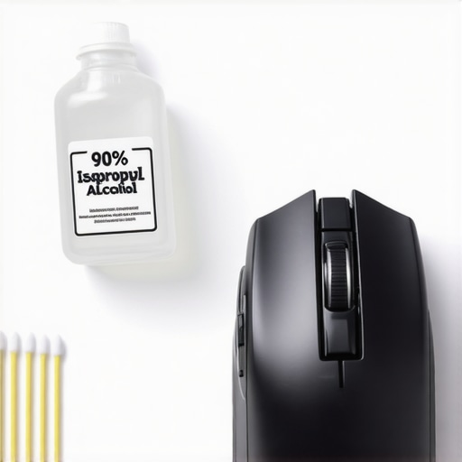 Essential tools for cleaning a sticky gaming mouse Close up of isopropyl alcohol, cotton swabs and a gaming mouse for cleaning