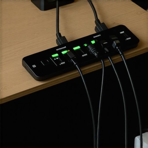 Close-up of a neatly mounted surge protector with organized cables and safety indicator lights.
