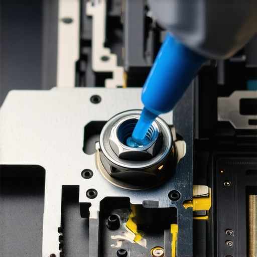 Close-up of a precision tool applying blue threadlocker to a laptop hinge screw