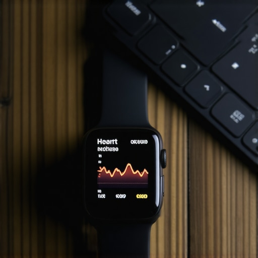 Expert wearable tech and desk setup Close-up of a smartwatch displaying health data in a home office setting