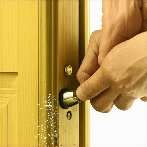 Hands using a metal file on a brass strike plate to prevent a smart lock from jamming.