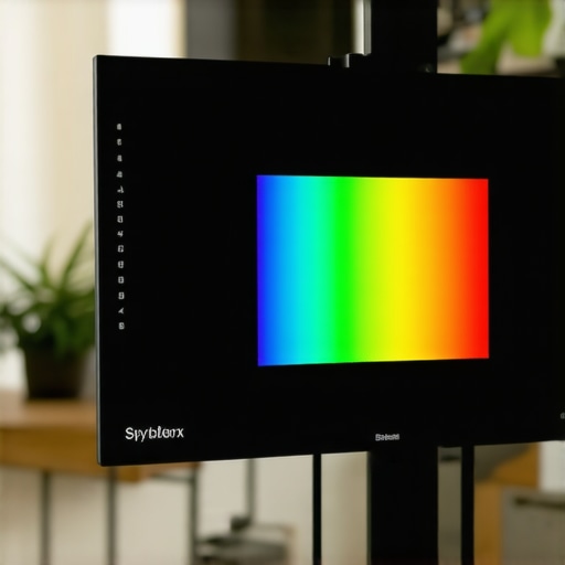 Hardware colorimeter calibrating a monitor A professional monitor calibration tool hanging on a display screen for color accuracy.