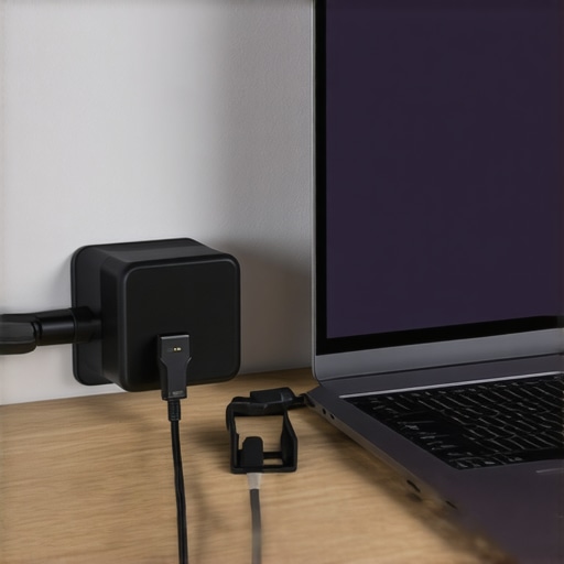 High-Efficiency GaN Laptop Charger A small GaN charger plugged into a wall outlet for a laptop.