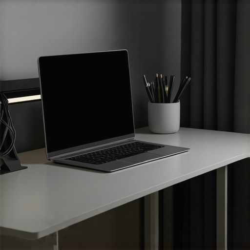 High-Efficiency Minimalist Desk Setup A clean and organized productivity-focused desk with a laptop stand and desk mat.