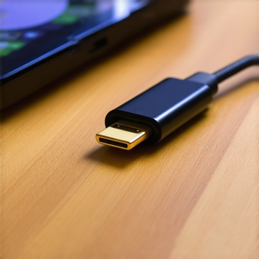 High-Quality USB-C Cable and Tablet A premium braided USB-C cable next to a modern tablet, illustrating the importance of using certified charging accessories.