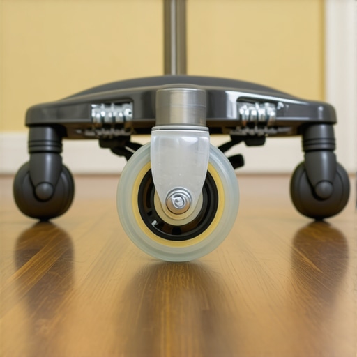 A close-up of a rubber office chair wheel designed for hardwood floor protection and stability.