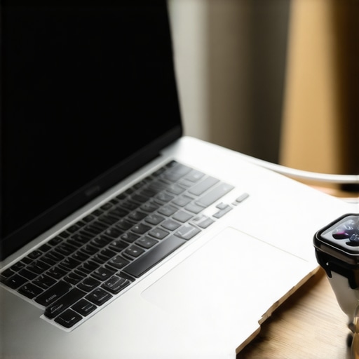 Home Office Tech Maintenance and Organization A clean and organized home office setup with a focus on laptop and wearable device maintenance
