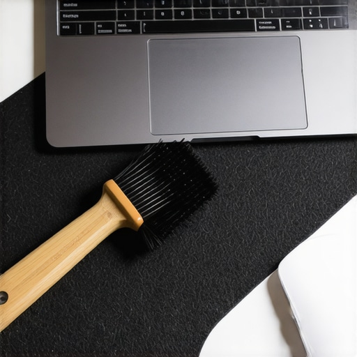 Horsehair Brush for Desk Mat Maintenance A person using a soft horsehair brush to clean a felt desk mat in a professional home office setup.