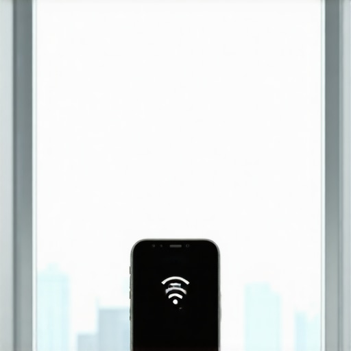 Close-up of a smartphone with low signal bars near an energy-efficient window