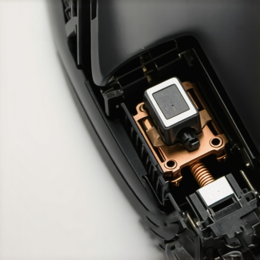 Macro view of a disassembled mouse switch showing the internal copper spring