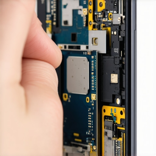 A close-up view of a smartphone SIM slot being inspected for dust and debris using professional repair tools.