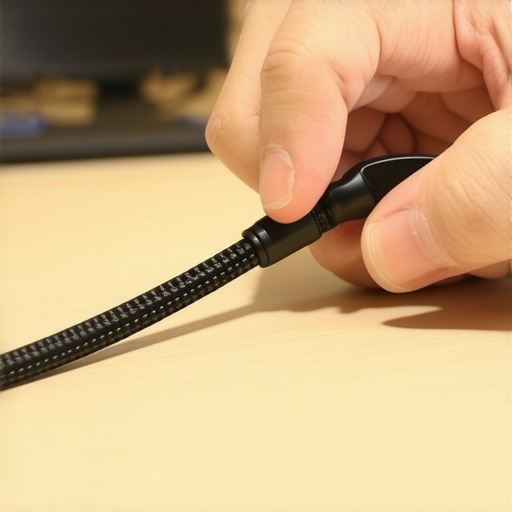 A black ferrite core being snapped onto a monitor cable to stop screen flickering.