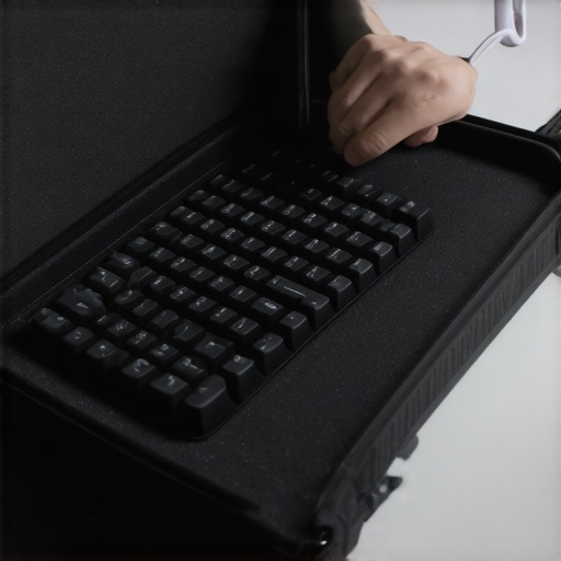 A person adding custom-cut EVA foam to a mechanical keyboard case to reduce resonance and noise.