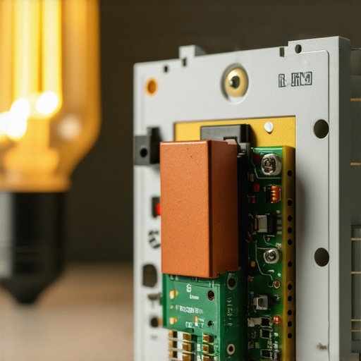 Detailed view of a smart switch relay and circuit board next to an LED bulb