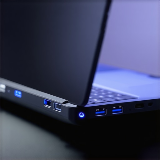 Close up of laptop USB ports glowing showing power drain