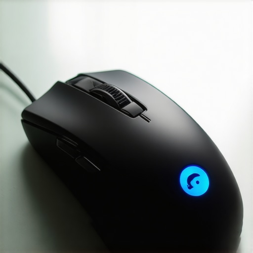 A high-tech mouse using a Darkfield sensor on a clear glass desk showing tracking light reflections.