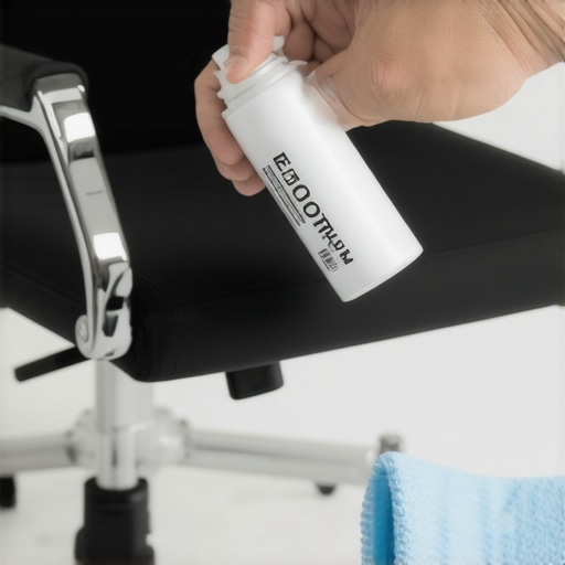 Lubricating an ergonomic office chair mechanism Hands applying silicone lubricant to the metal joints of an office chair to prevent squeaking.