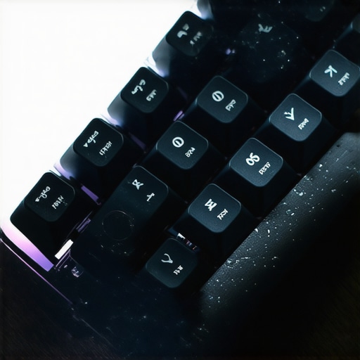Close-up of dust particles settled on a mechanical keyboard under bright lighting.