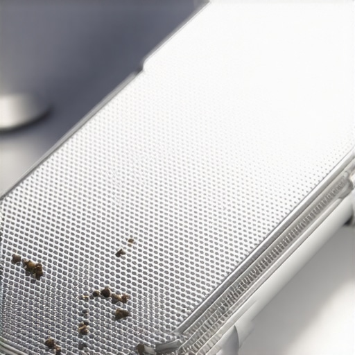 A high-detail close up of a smartphone speaker grille showing the delicate mesh and trapped dust particles