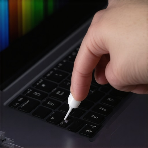 Close up of person cleaning laptop charging port and keys