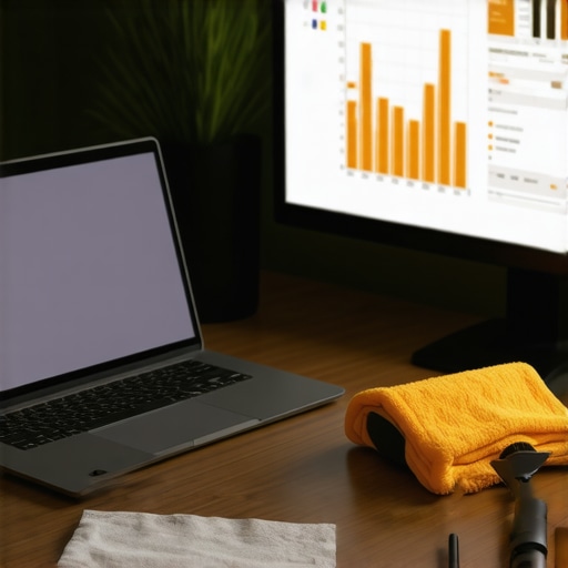 A clean tech workspace with a laptop displaying network monitoring software and cleaning supplies nearby.