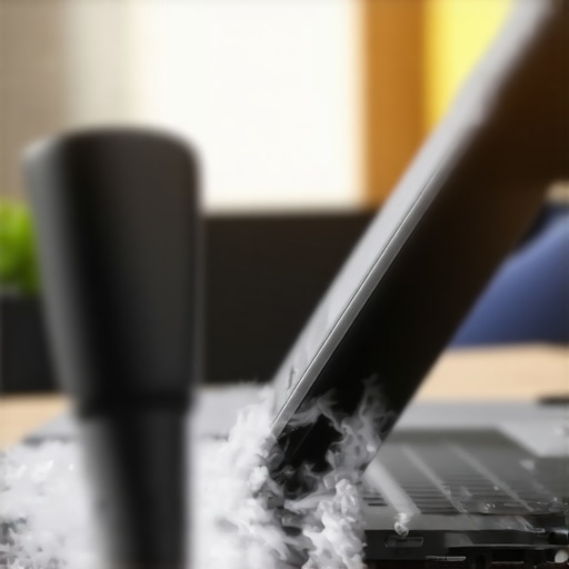 A person using an electric duster to clean dust from a laptop's cooling vents to prevent fan whine.