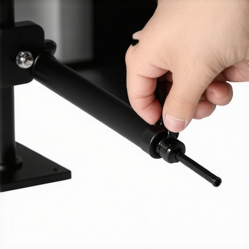 A hand using a professional tool to adjust a monitor arm for stability.