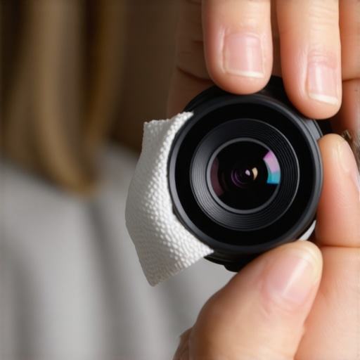 Close-up of cleaning a webcam lens to maintain video quality