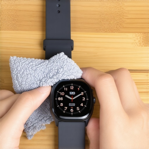 Cleaning a smartwatch heart rate sensor for better data accuracy on a desk.