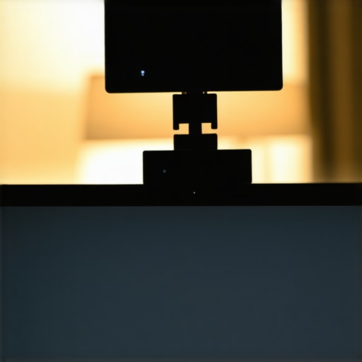 A high-end external webcam mounted on a thin monitor with soft background lighting