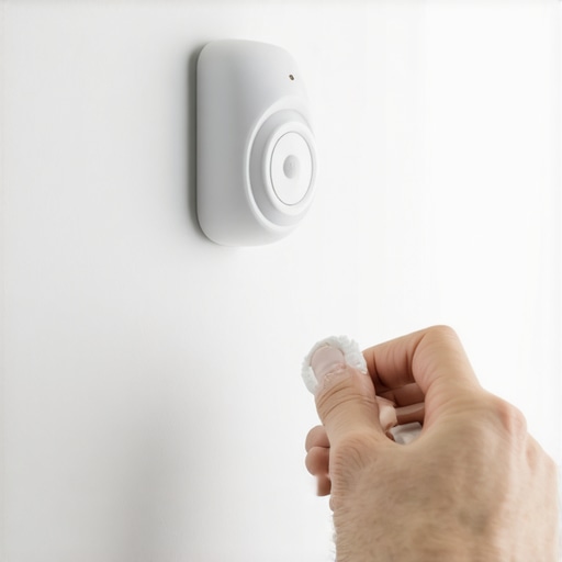 Person cleaning a smart home motion sensor with a microfiber cloth and compressed air.