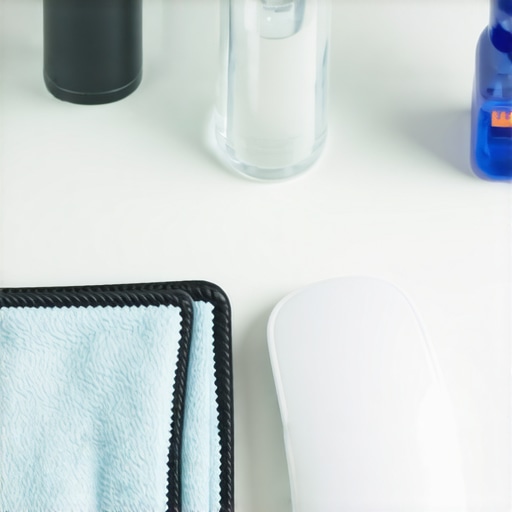 Professional cleaning kit for a glass office desk and mouse setup including microfiber cloth and alcohol spray.