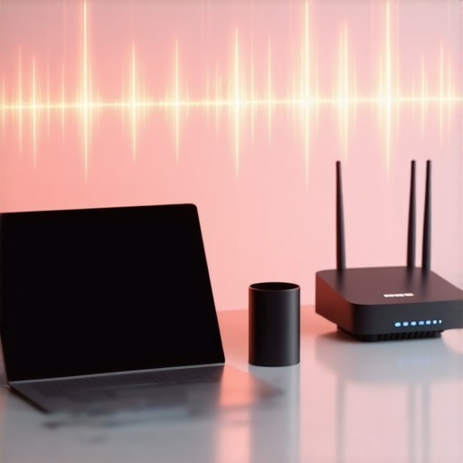 Managing Smart Home Network Congestion A visualization of digital signals and smart home devices in a home office setting