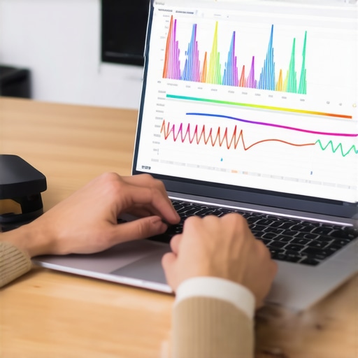 A laptop showing a Wi-Fi spectrum analyzer app on a desk