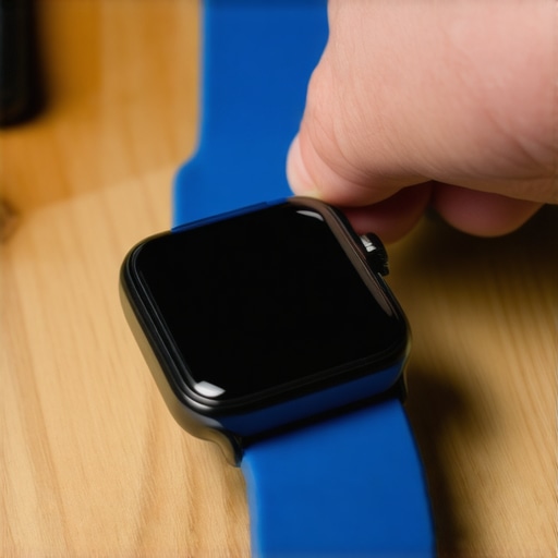 Close-up of a smartwatch being prepared for polishing with blue tape on the edges.