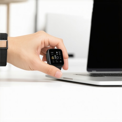 A person fine-tuning notification alerts on their smartwatch in a home office setting.
