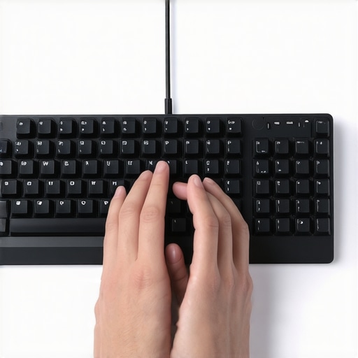 Measuring Neutral Wrist Alignment A person using a ruler to check the horizontal alignment of their wrist and forearm while typing at a desk.