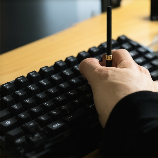 A person using a precision brush to clean a custom mechanical keyboard on a desk.