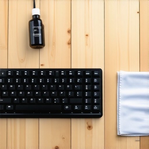 Close up of keyboard cleaning tools and contact cleaner on a desk