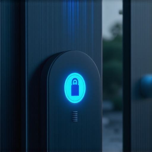Close up of a smart lock fingerprint scanner with blue light and dust particles