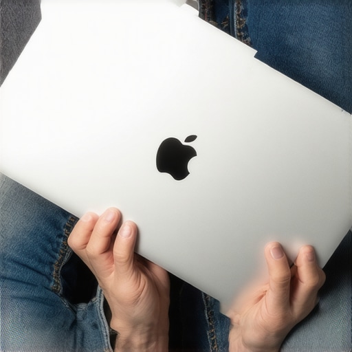 Minimalist DIY grip pads applied to the bottom of a laptop Close-up of a laptop with small custom rubber grip pads on its underside resting on denim pants