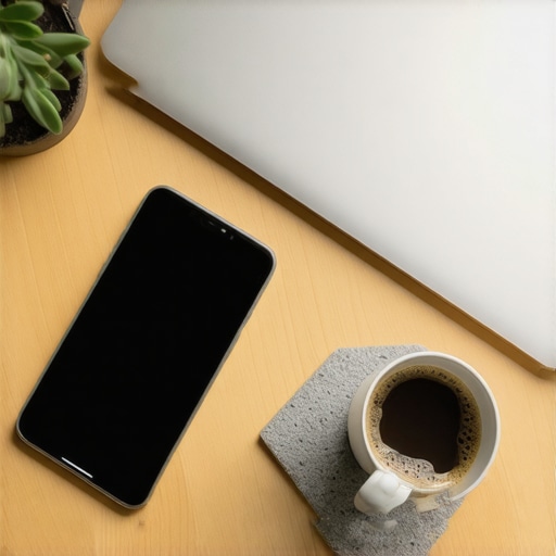 Smartphone resting on a grey felt coaster on a wooden desk to reduce vibration noise.