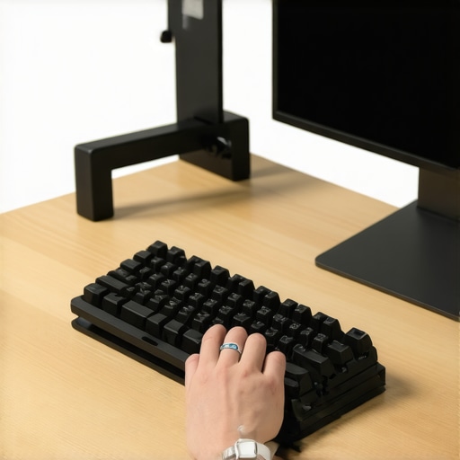 Close-up of a modern home office setup showing ergonomic tools and cable management.