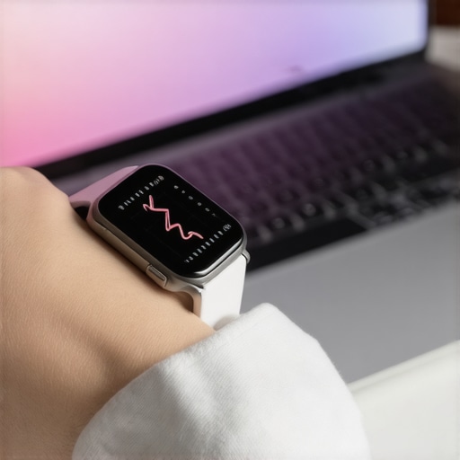 A smartwatch showing heart rate data on a wrist in a home office setting.