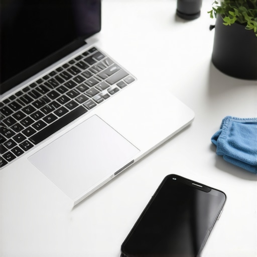 Modern Tech Maintenance Essentials A clean home office desk with tech cleaning tools and gadgets.
