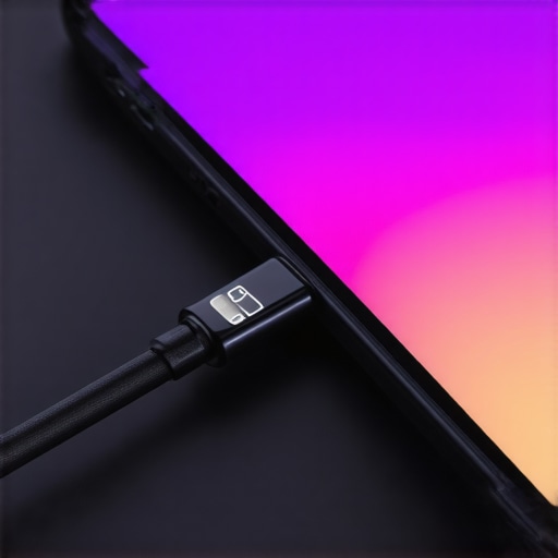 A high-quality USB-C cable showing real-time power delivery in watts while charging a tablet.