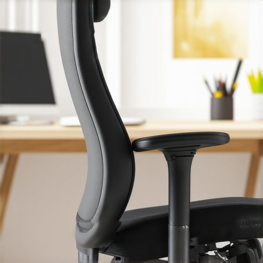 Modern ergonomic chair with adjustable lumbar support A detailed shot of an office chair backrest showing professional ergonomic support features.
